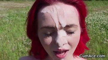 Flirty beauty gets cumshot on her face swallowing all the jism