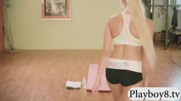 Huge boobies blonde trainer teaches yoga